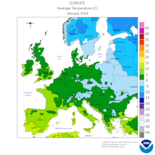 Průměrné teploty v Evropě v srpnu 2023 (NOAA/CPC).