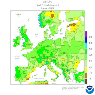 Průměrné teploty v Evropě v lednu 2024 (NOAA/CPC).