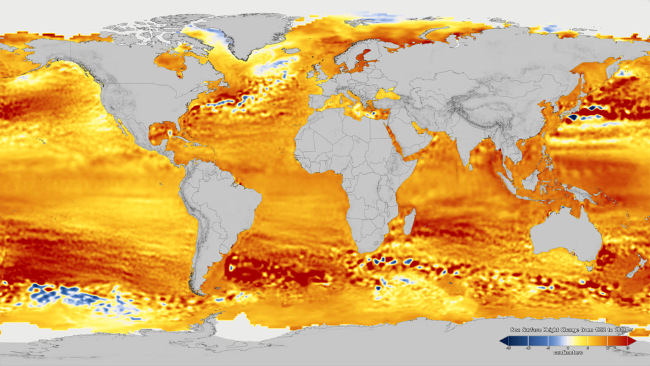 Průměrná výška mořské hladiny, rozdíly podle regionů, srovnání s průměrem 1993 až 2002