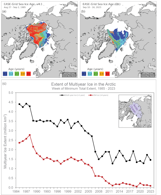Stáří ledu v Arktidě - srovnání stavu na konci sezónní doby tání v roce 1985 (vlevo nahoře) a v roce 2023 (vpravo nahoře). Barevně jsou odlišeny kategorie ledu podle jeho stáří. Dolní graf ukazuje rozlohu mořského ledu v letech 1985 až 2023.