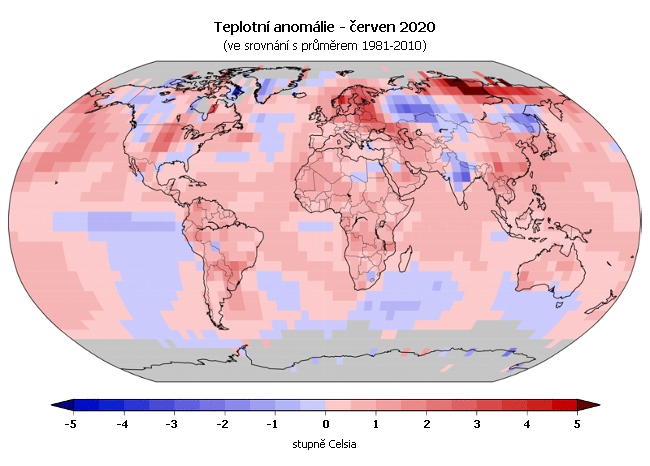 Teplotní anomálie v červnu 2020 (oproti průměru 1981-2010)