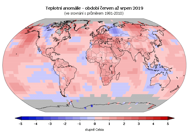 Teplotní anomálie - červen až srpen 2019 (oproti průměru 1981-2010)