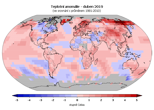 Teplotní anomálie - duben 2019 (oproti průměru 1981-2010)