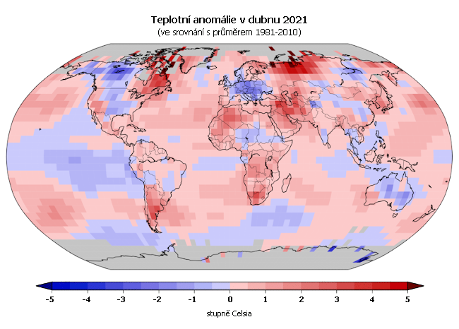 Teplotní anomálie v březnu 2021 (oproti průměru 1981-2010)