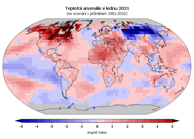 Teplotní anomálie v lednu 2021 (oproti průměru 1981-2010)