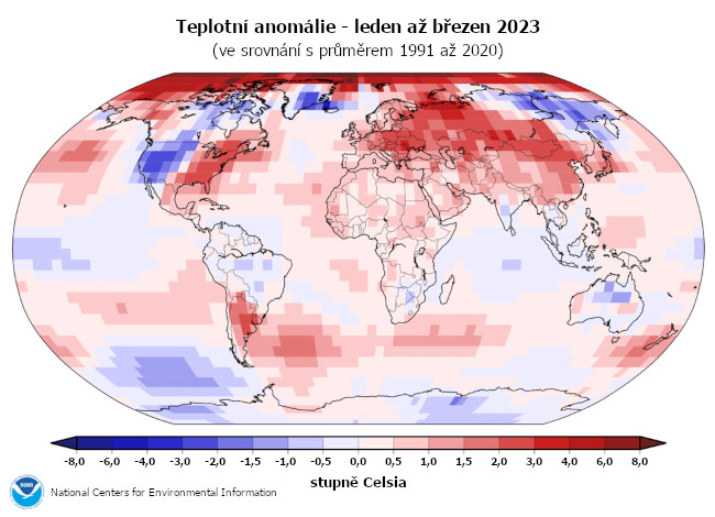 Teplotní anomálie v roce 2023 - období leden až březen (oproti průměru 1991-2020)