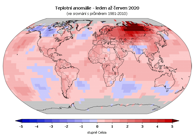 Teplotní anomálie v roce 2020 - leden až červen (oproti průměru 1981-2010)