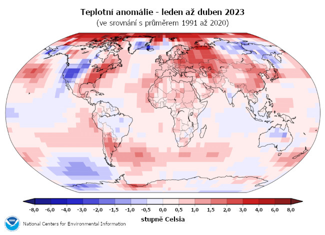 Teplotní anomálie v roce 2023 - období leden až duben (oproti průměru 1991-2020)