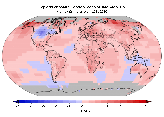 Teplotní anomálie - leden až srpen 2019 (oproti průměru 1981-2010)