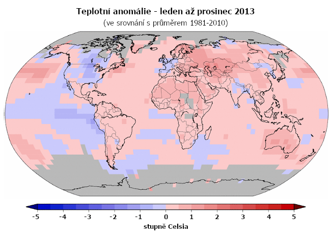 Teplotní anomálie v roce 2013 (oproti průměru 1981-2010)