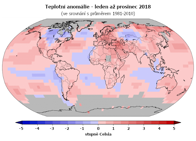 Teplotní anomálie - leden až prosinec 2018 (oproti průměru 1981-2010)