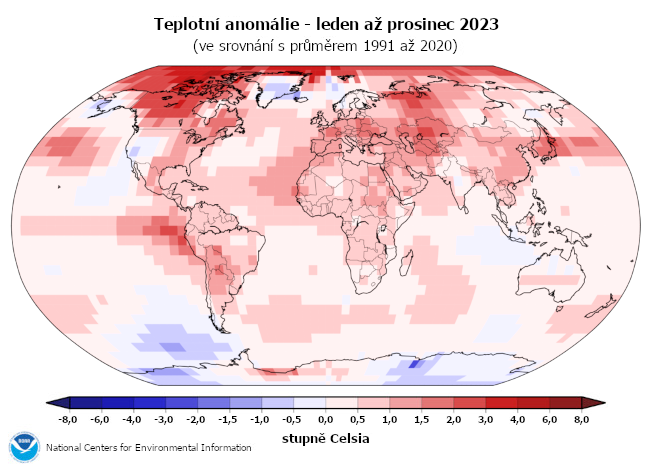 Teplotní anomálie v roce 2023 (oproti průměru 1991-2020)