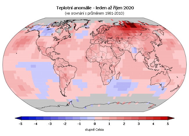 Teplotní anomálie za období leden až říjen 2020 (oproti průměru 1981-2010)