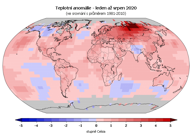 Teplotní anomálie za období leden až srpen 2020 (oproti průměru 1981-2010)
