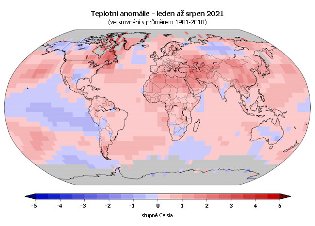 Teplotní anomálie za období leden až srpen 2021 (oproti průměru 1981-2010)