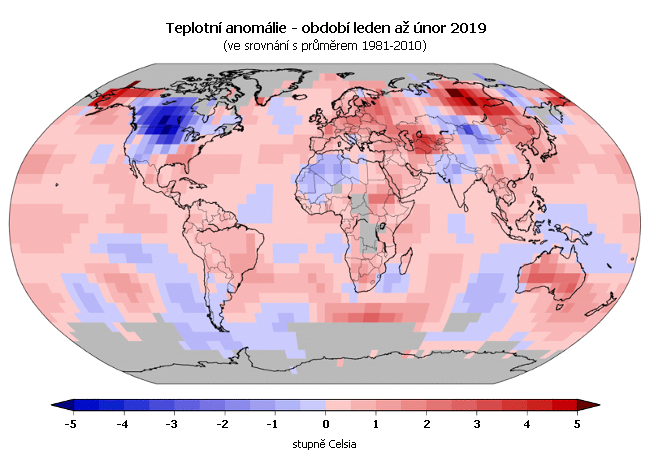 Teplotní anomálie - leden až únor 2019 (oproti průměru 1981-2010)