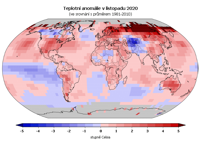 Teplotní anomálie v listopadu 2020 (oproti průměru 1981-2010)