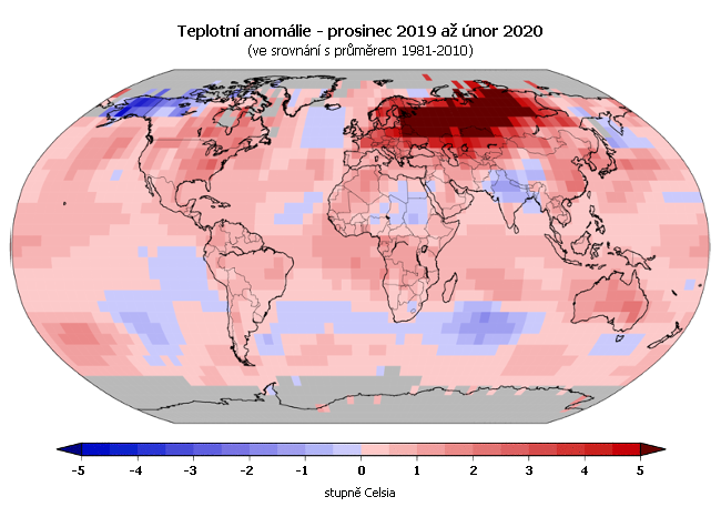 Teplotní anomálie - prosinec 2019 až únor 2020 (oproti průměru 1981-2010)