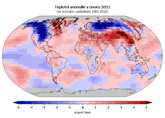 Teplotní anomálie v únoru 2021 (oproti průměru 1981-2010)