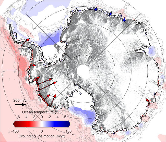 Posun hranice mezi pevninským a plovoucím mořským ledem a teploty vody u mořského dna