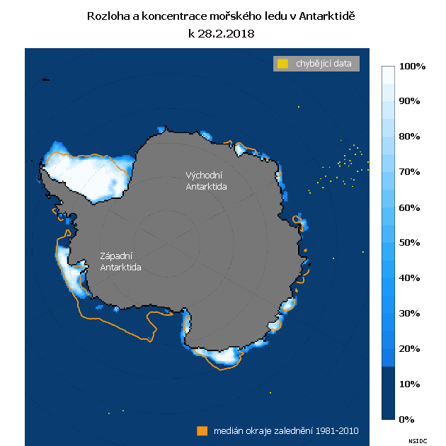 Rozloha a koncentrace mořského ledu v Antarktidě k 28. únoru 2018.