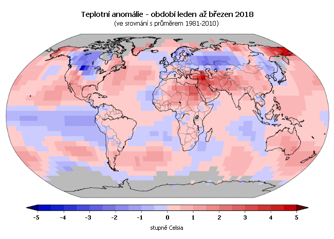 Teplotní anomálie - období leden až březen 2018