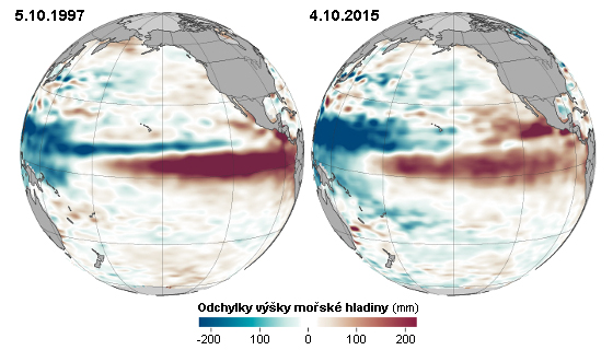 Srovnání výšky mořské hladiny v Tichém oceánu začátkem října v letech 1997 a 2015