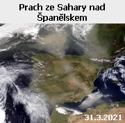 Fotografie družice Aqua z 31. března 2021. Koncem března zanesly vzdušné proudy ze severu Afriky nad Pyrenejský poloostrov prach ze Sahary. Největší koncentrace prachových částic byla pozorována od 25. do 30. března 2021, kdy byla obloha ve Španělsku a Portugalsku zbarvena do oranžova a viditelnost byla snížená. Poslední den v březnu, kdy byl snímek pořízen, se už mračno prachu nacházelo z větší části dále na sever nad Biskajským zálivem.