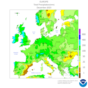 Průměrné teploty v Evropě v minulém nebo předminulém měsíci (NOAA/CPC).