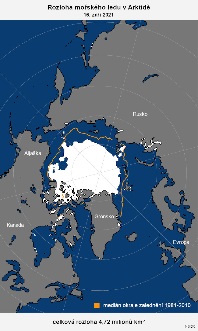 Rozloha arktického mořského ledu k 16. září 2021 činila 4,72 milionů kilometrů čtverečních. Oranžová linie znázorňuje průměrný rozsah pro tento den v období 1981 až 2010.