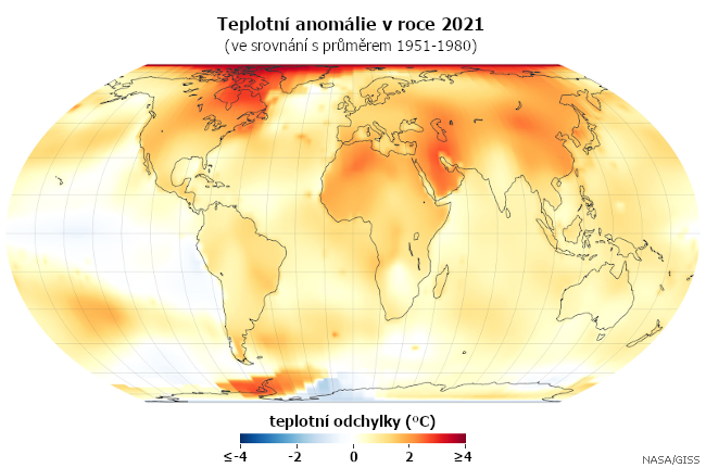 Teplotní anomálie v roce 2021 (oproti průměru 1981-2010). Data: NASA/GISS (GISTEMP)