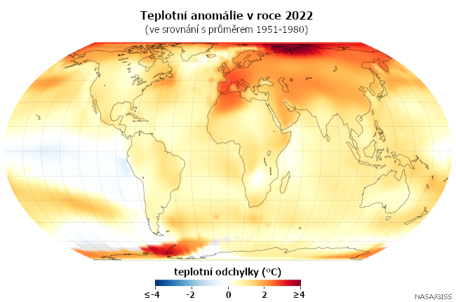 Teplotní anomálie v roce 2022 (oproti průměru 1981-2010). Data: NASA/GISS (GISTEMP)