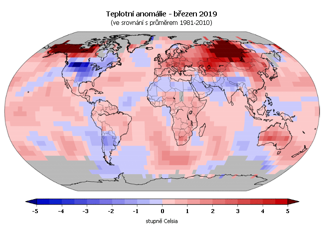 Teplotní anomálie - březen 2019 (oproti průměru 1981-2010)