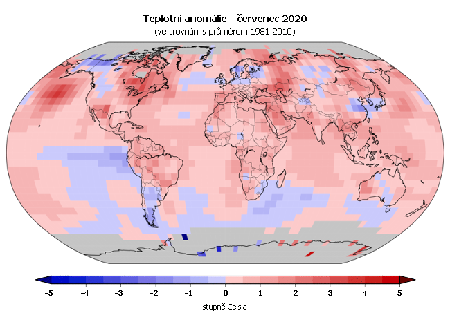 Teplotní anomálie v červenci 2020 (oproti průměru 1981-2010)