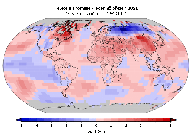 Teplotní anomálie za období leden až březen 2021 (oproti průměru 1981-2010)