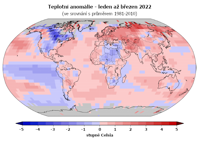 Teplotní anomálie za období leden až březen v roce 2022 (oproti průměru 1981-2010)