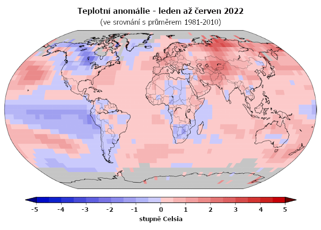 Teplotní anomálie za období leden až červen v roce 2022 (oproti průměru 1981-2010)