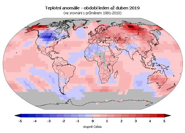 Teplotní anomálie - leden až duben 2019 (oproti průměru 1981-2010)