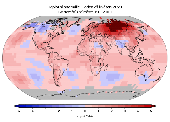 Teplotní anomálie v roce 2020 - leden až květen (oproti průměru 1981-2010)