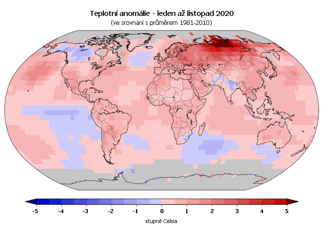 Teplotní anomálie za období leden až listopad 2020 (oproti průměru 1981-2010)