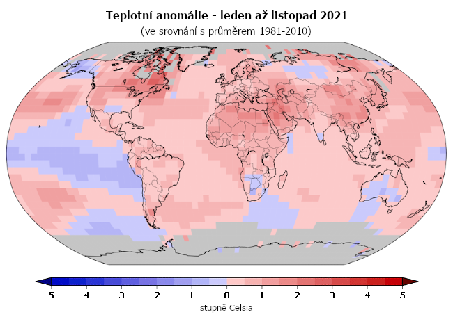 Teplotní anomálie za období leden až listopad 2021 (oproti průměru 1981-2010)