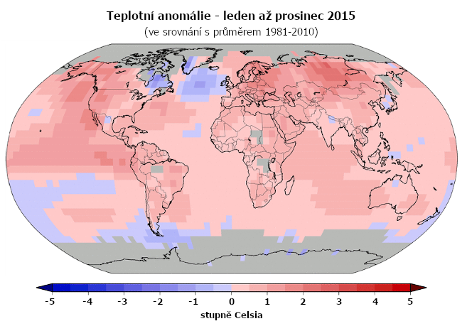 Teplotní anomálie v roce 2015 (oproti průměru 1981-2010)
