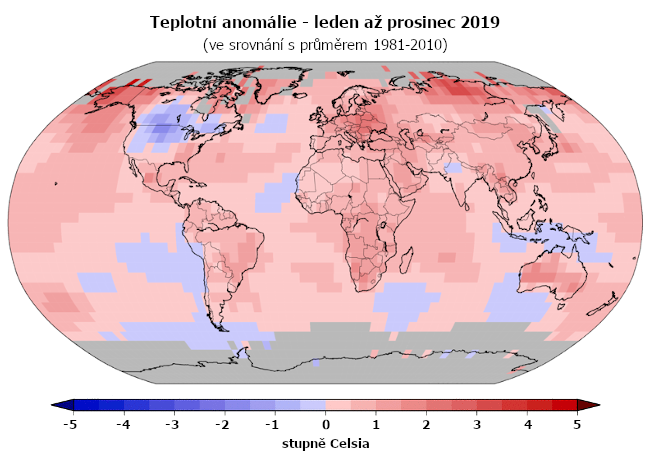 Teplotní anomálie v roce 2019 (oproti průměru 1981-2010)