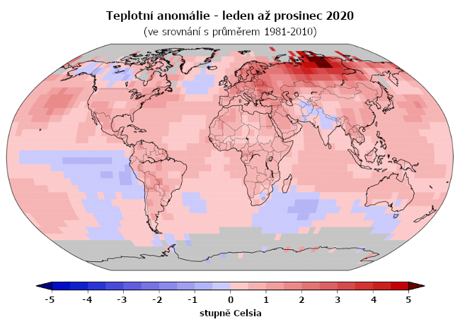 Teplotní anomálie v roce 2020 (oproti průměru 1981-2010)