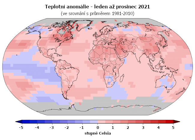 Teplotní anomálie za období leden až prosinec 2021 (oproti průměru 1981-2010).