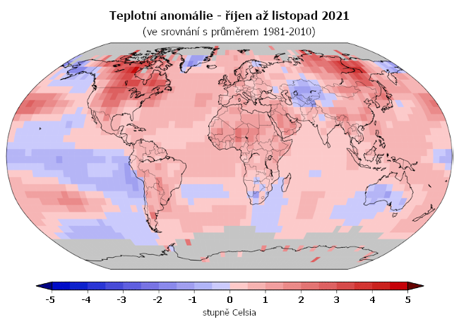 Teplotní anomálie za období říjen až listopad 2021 (oproti průměru 1981-2010)