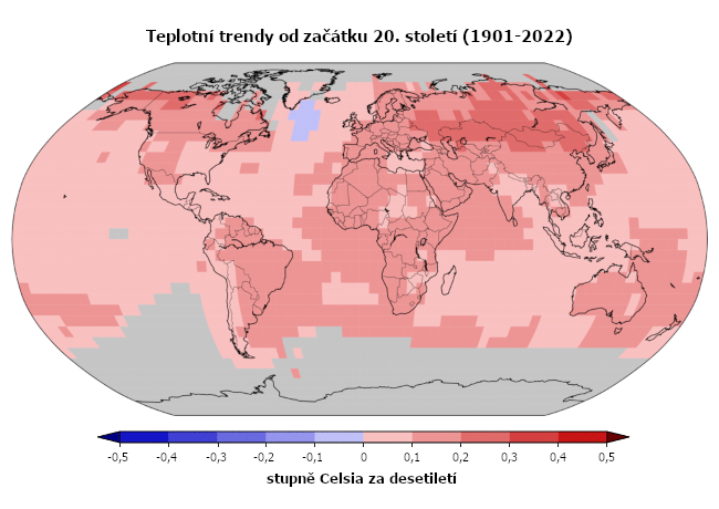 Teplotní trendy od roku 1901 ve stupních Celsia za desetiletí