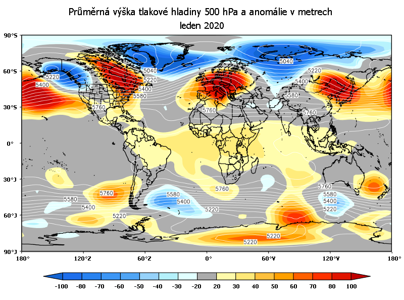 Anomálie tlakových polí v atmosféře v lednu 2020 (hladina 500 hektopascalů).