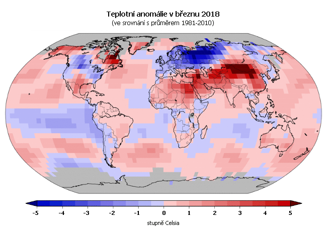 Teplotní anomálie v březnu 2018 (oproti průměru 1981-2010)
