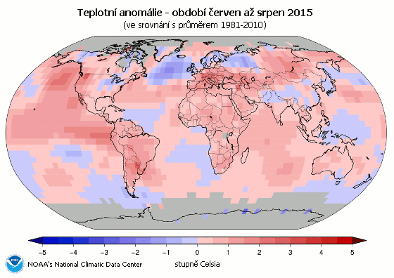 Teplotní anomálie v období od června do srpna 2015
